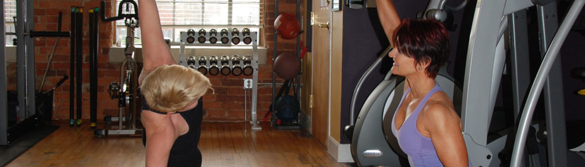 Two women exercising in gym with weight machines